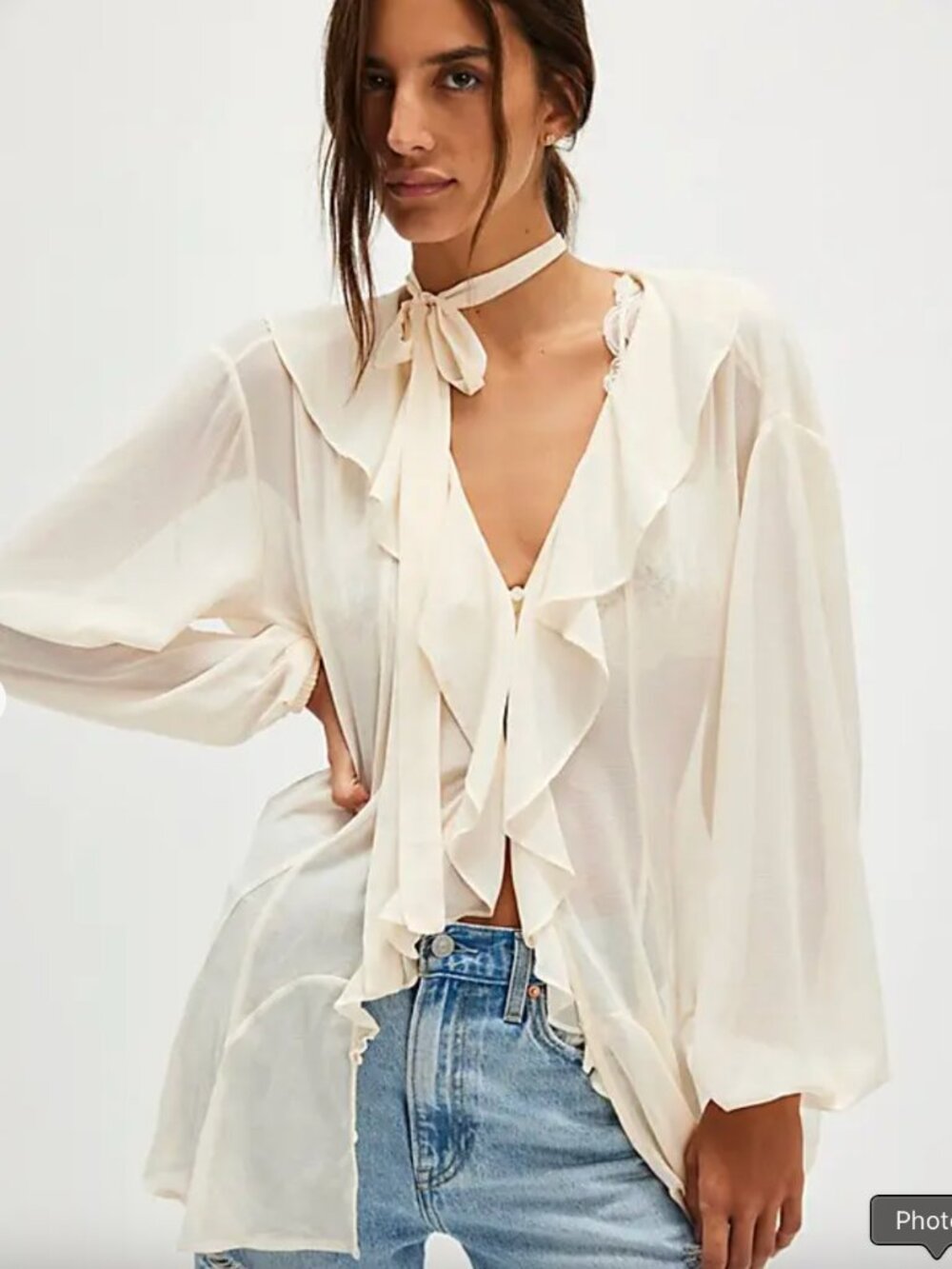 Free People Dreamland Cream Solid Tunic Sheer V-neck Shirt Ruffle Women's XL